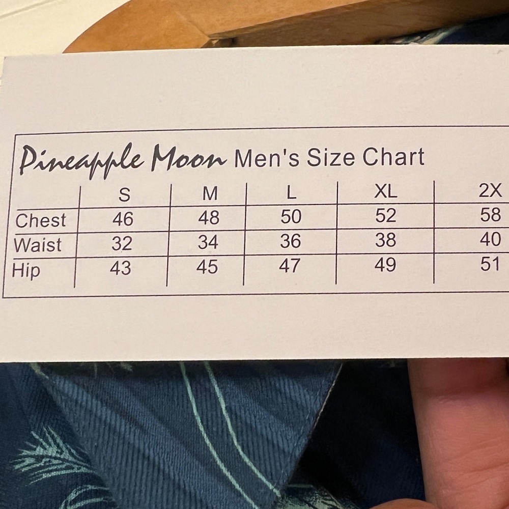 Pineapple Moon Men's Aloha Shirt L 100% Silk Teal Postcard Palm Print NWT - Picture 7 of 8